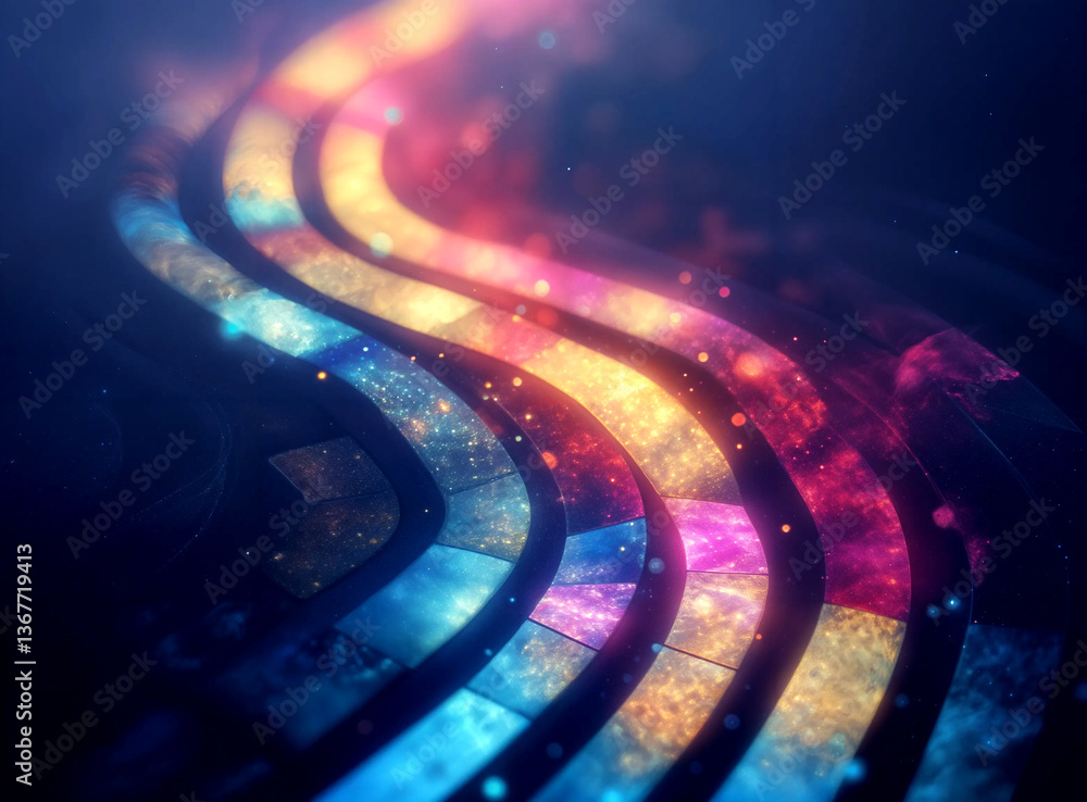 Abstract design with a spectrum of hues, from deep blues to warm oranges and pinks.