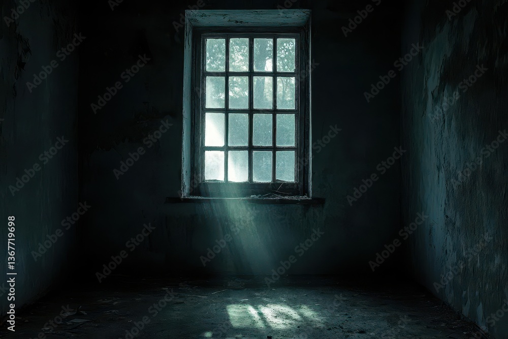 dark and abandoned room with a window allowing light to filter in creating a haunting atmosphere perfect for halloween emphasizing mystery and the passage of time