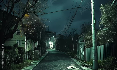 A dark, wet, nighttime street in Japan, illuminated by streetlights, with trees and houses.