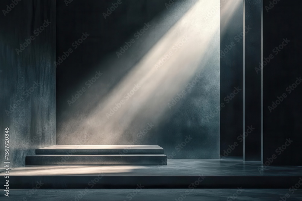 dark luxury product display platform with dramatic side lighting modernist concrete architecture and moody atmospheric shadows