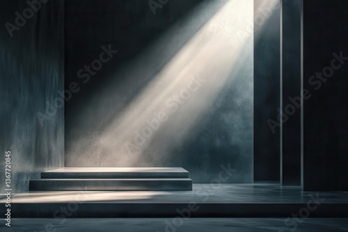 Obraz na płótnie dark luxury product display platform with dramatic side lighting modernist concrete architecture and moody atmospheric shadows w salonie
