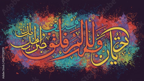 Fototapeta Naklejka Na Ścianę i Meble -  Colorful illustration of Arabic calligraphy on a paint splattered background.