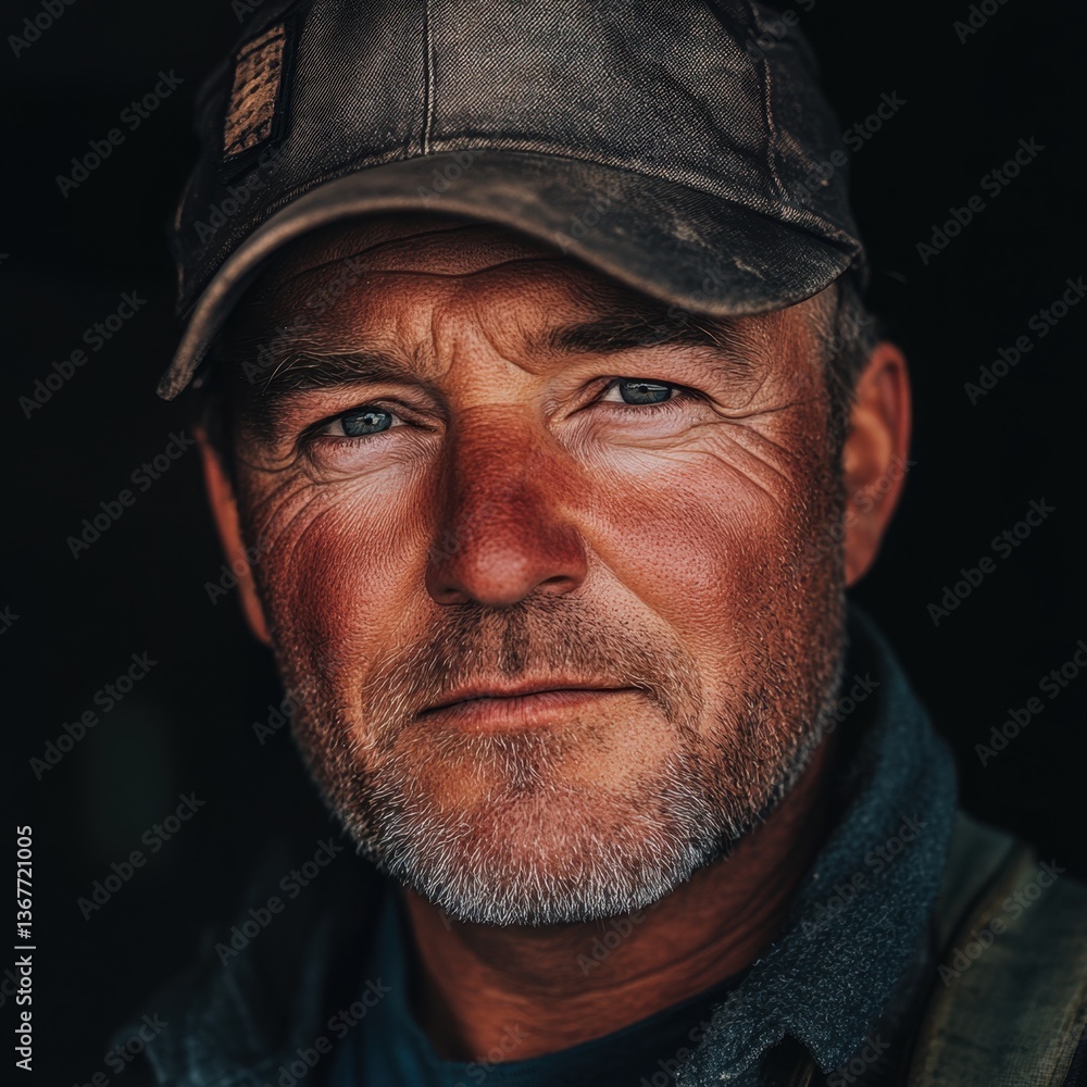 A rugged man with a weathered face and piercing eyes, wearing a cap, exudes strength and resilience against a dark background. A rugged man with a weathered face and piercing eyes, wearing a cap, exudes strength and resilience against a dark background.