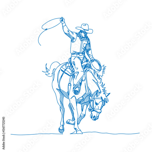 Retro hand-drawn cowboy riding a bucking bronco in a classic rodeo event, vintage Western equestrian illustration, rustic country ranch artwork, wild horse action sketch

