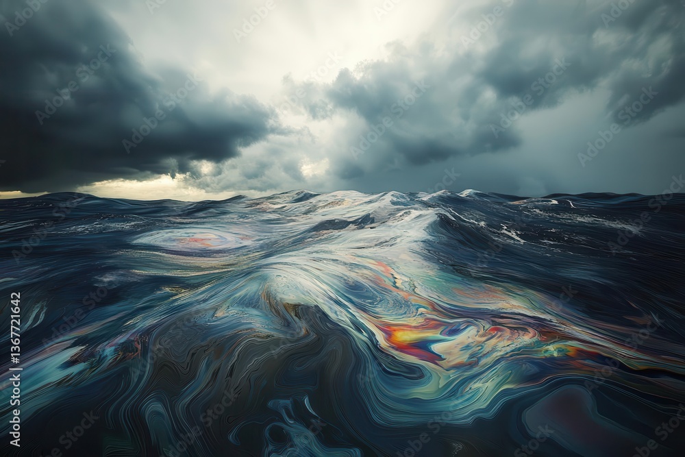 dark oil slick spreading across turbulent ocean surface reflecting ominous storm clouds environmental disaster scene