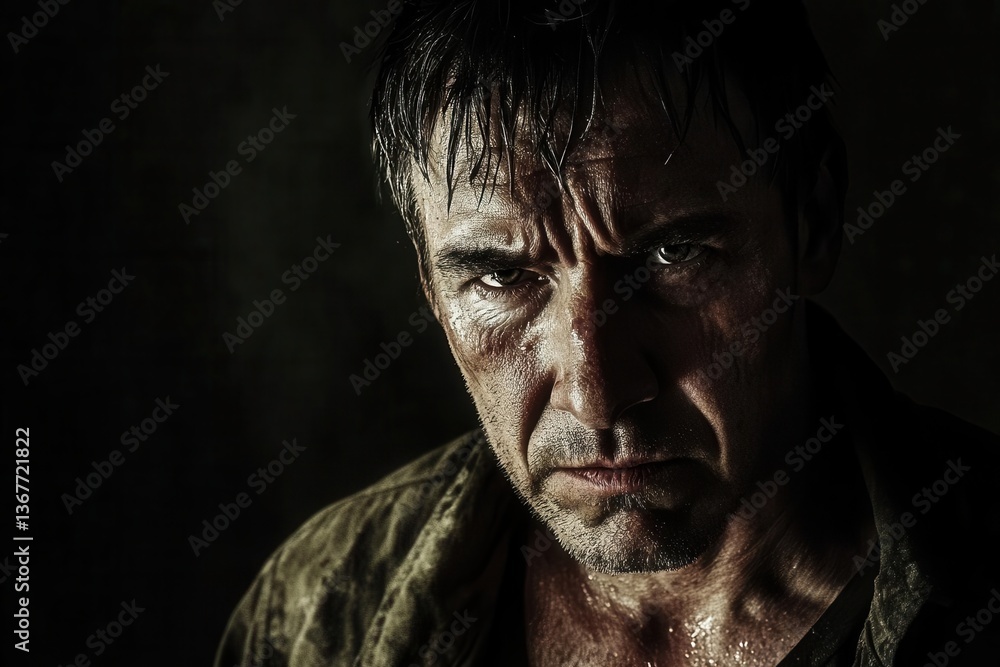 dark psychological portrait man in shadowy room harsh lighting sweatcovered face anguished expression gritty texture dramatic contrasts