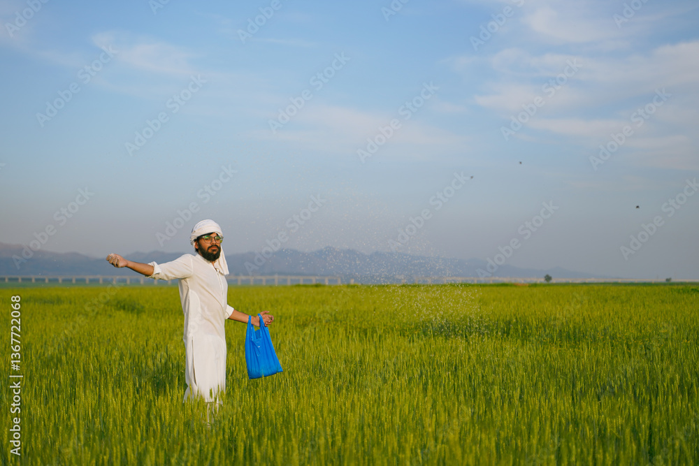 A traditional farmer wearing white clothing and a headscarf manually spreads fertilizer in a lush green wheat field under a clear sky. A traditional farmer wearing white clothing and a headscarf manually spreads fertilizer in a lush green wheat field under a clear sky.