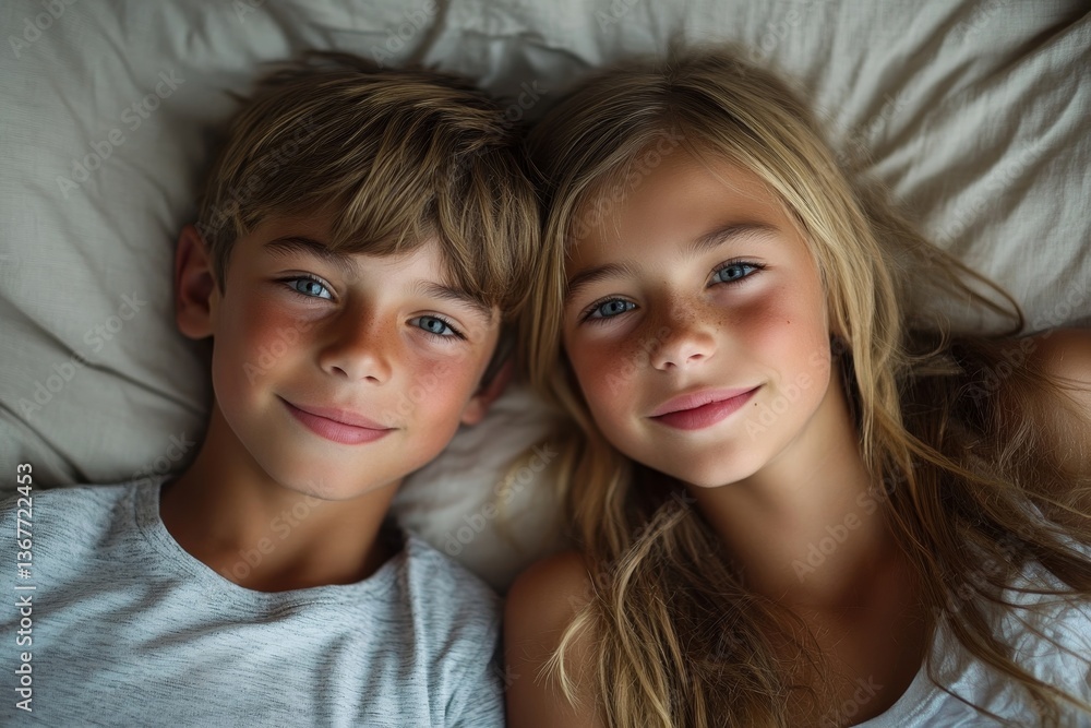 Happy siblings with digital tablet lying on bed at home Happy siblings with digital tablet lying on bed at home