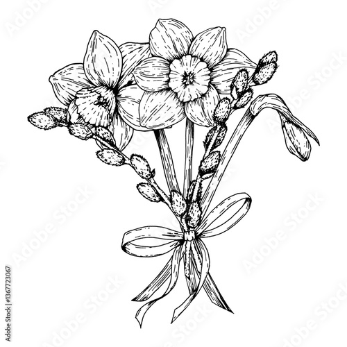 Vector illustration of a spring bouquet with blooming daffodils and pussy willow branches tied with a ribbon. Hand drawn in black and white ink line art. Perfect for Easter, 8 March and seasonal