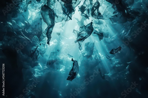 Obraz na płótnie dark seascape showing plastic waste drifting in turquoise waters marine creatures entangled in translucent debris haunting underwater lighting w salonie