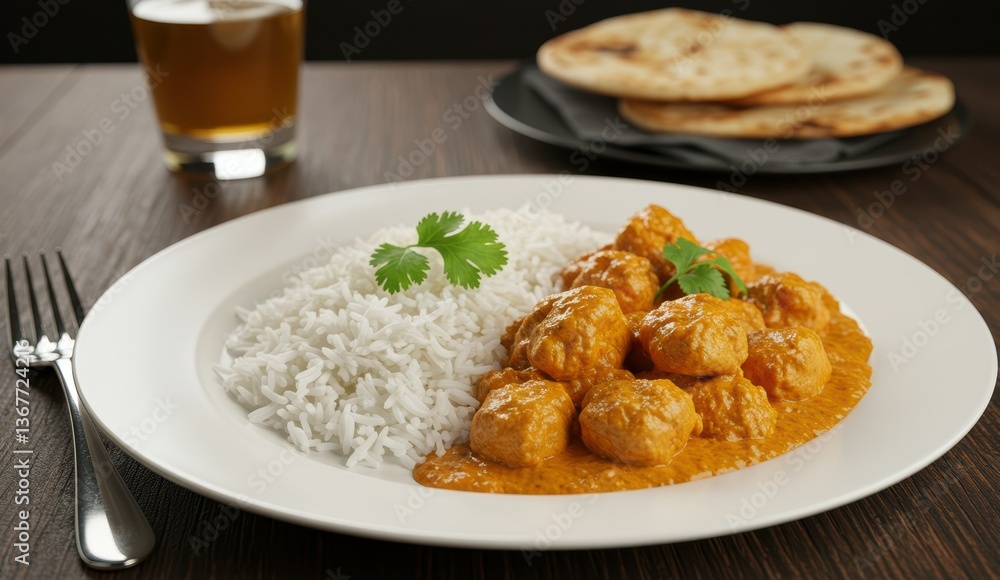Indian food featuring chicken curry and basmati rice elegantly plated on a wooden table. Celebrates culinary culture. Indian food featuring chicken curry and basmati rice elegantly plated on a wooden table. Celebrates culinary culture.