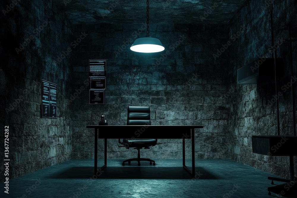 dark atmospheric interrogation room with stone walls single hanging light casting dramatic shadows modern tech interfaces glowing in the background