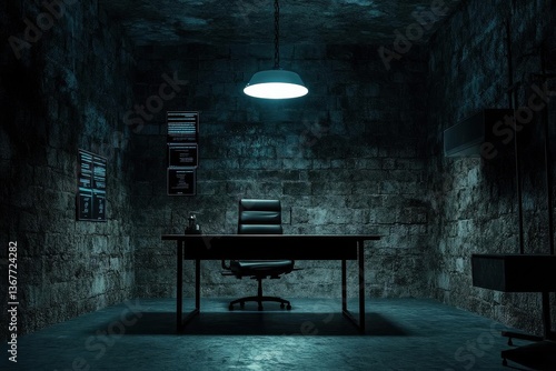 Obraz na płótnie dark atmospheric interrogation room with stone walls single hanging light casting dramatic shadows modern tech interfaces glowing in the background w salonie