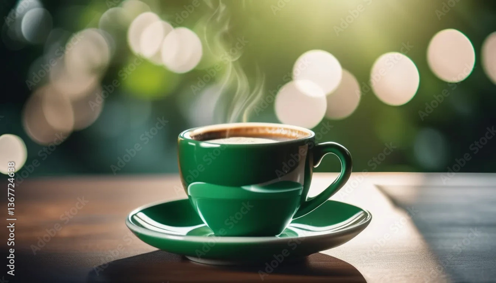 Obraz premium Elegant dark green cup of hot black coffee. Close up. 