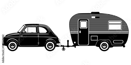Classic car with caravan, car towing trailer caravan 