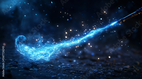 Magical Wand Casting Enchanting Blue Energy with Sparkling Glow