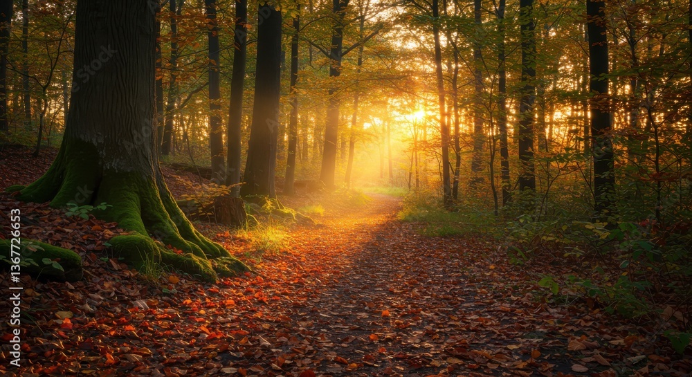 Fototapeta premium Serene autumn forest path illuminated by golden sunlight filtering through trees