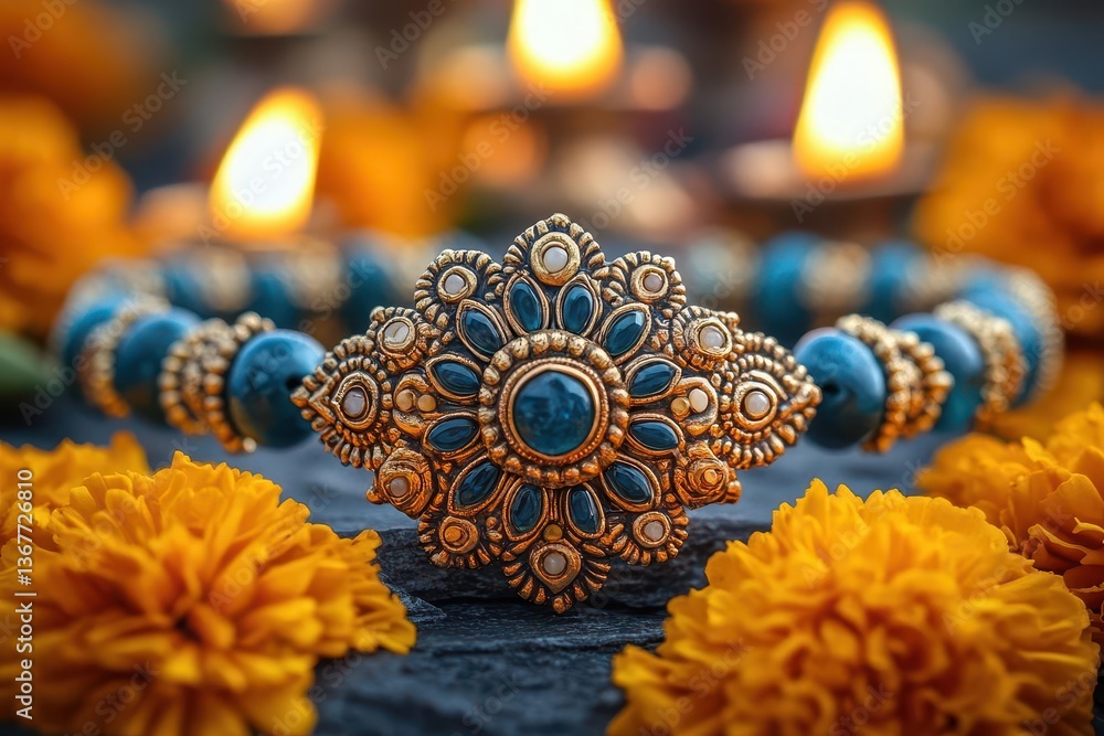 decorative rakhi bracelet with ornate traditional design soft focus background with diyas and marigold flowers