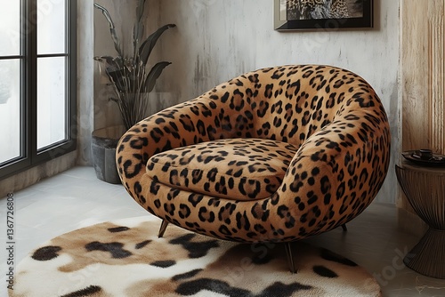 A leopard print carpet in a minimalist room, adding a touch of warmth to the space