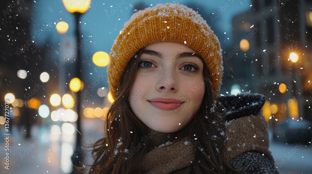 Winter Wonderland Portrait: A Young Woman Smiles Amidst Falling Snow in a City Street Winter Wonderland Portrait: A Young Woman Smiles Amidst Falling Snow in a City Street