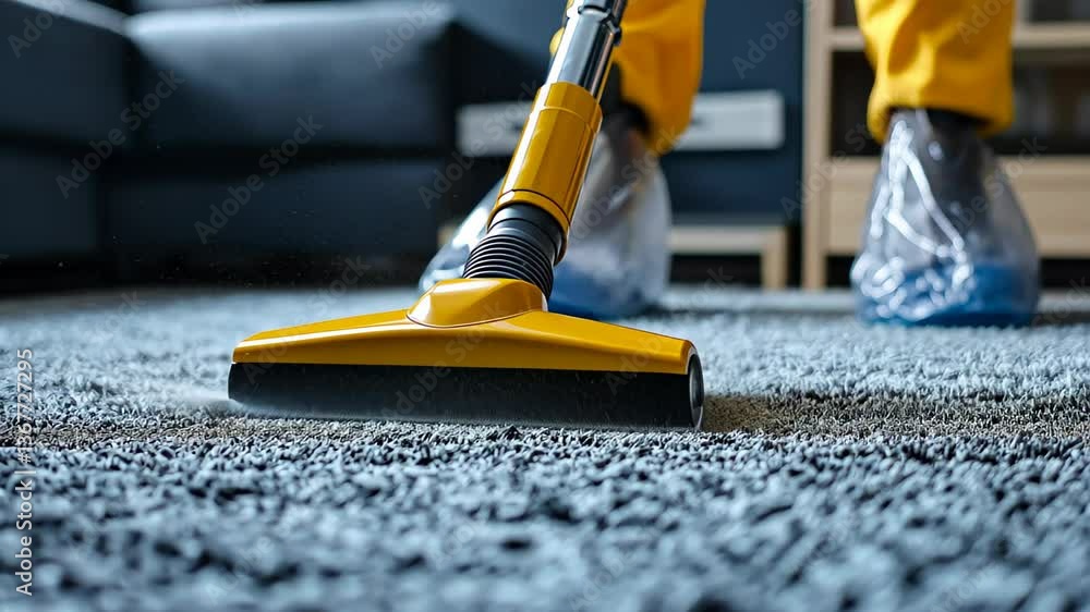 A yellow industrial vacuum cleaning a textured carpet. A professional cleaner in protective shoe covers is visible in the background, highlighting cleanliness, deep cleaning, and home service industry A yellow industrial vacuum cleaning a textured carpet. A professional cleaner in protective shoe covers is visible in the background, highlighting cleanliness, deep cleaning, and home service industry