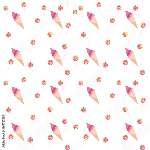 A seamless pattern featuring pink ice cream cones and swirl lollipops on a white background. Perfect for sweet-themed designs or children’s prints.