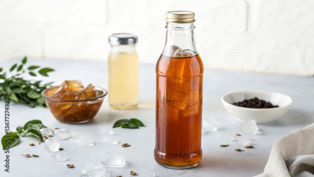 Cold Brew Tea in Glass Bottle with Ice on White Surface
Cold Brew Tea in Glass Bottle with Ice on White Surface
