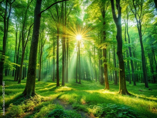 Lush Green Forest Canopy, Sunlight Dappled Woods, Peaceful Nature Scene,  Mystical Woodland,  Forest Background
