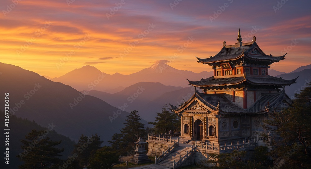 Obraz premium 夕焼け空に映える山寺、荘厳な構図