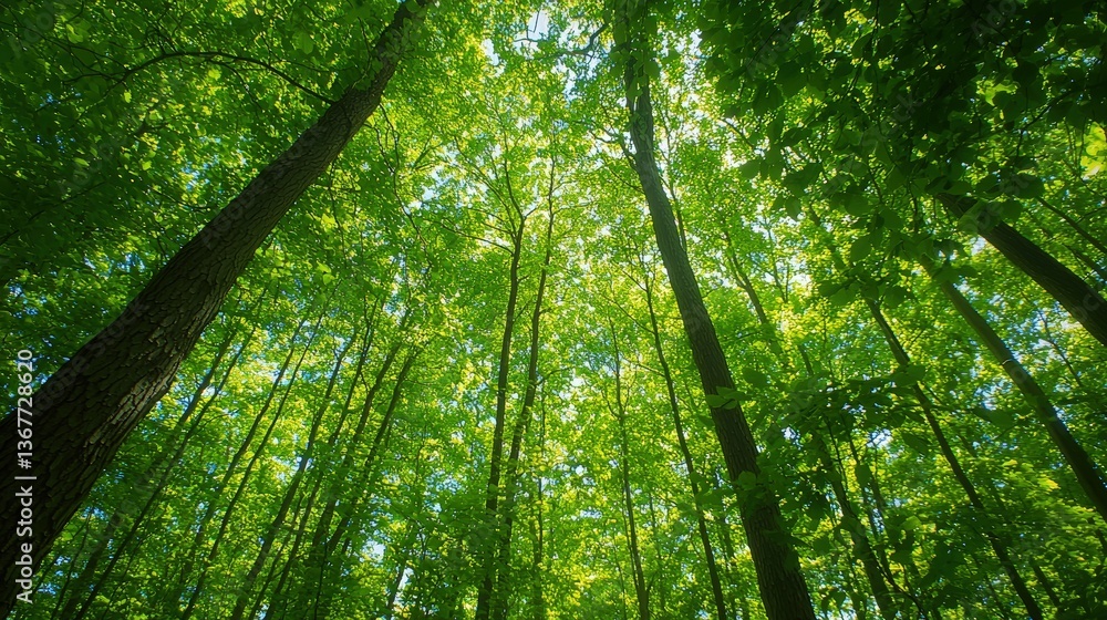 Naklejka premium A serene view of tall trees reaching towards the sky, surrounded by lush green leaves, creating a peaceful atmosphere in a forest.
