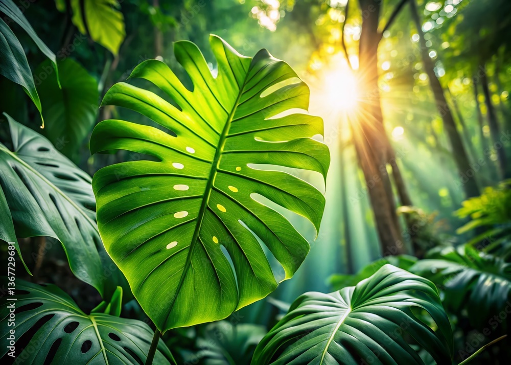 Obraz premium Lush Green Monstera Leaf in Tropical Rainforest - Long Exposure Photography