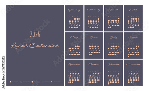 Lunar calendar, lunar monthly cycle planner for 2026 year template. Astrology, astronomical lunar sphere shadow, whole cycle from new to full moon calendar banner, card vector illustration