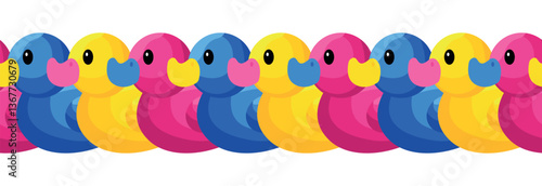 Rubber duck toys set in different colours. Seamless border. Flat cartoon style vector illustration