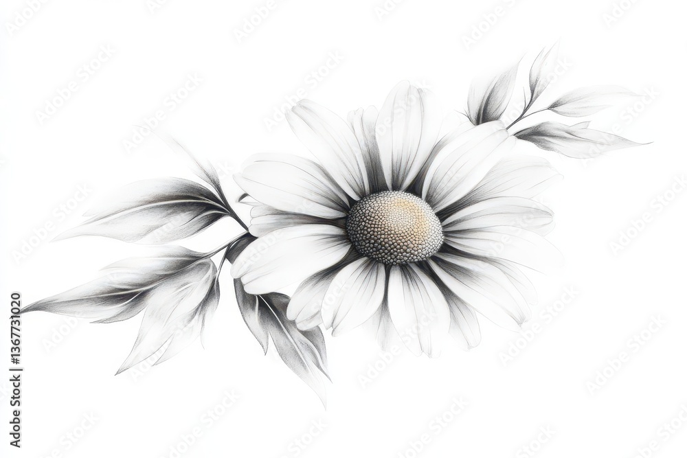 delicate chamomile flower crisp white petals yellow center highkey lighting pure white background botanical detail