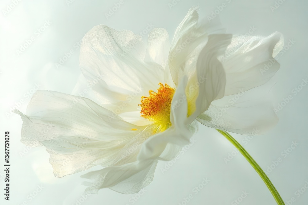 delicate chamomile flower crisp white petals yellow center highkey lighting pure white background botanical detail