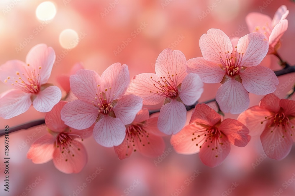 delicate cherry blossoms arranged in soft focus with dreamy bokeh effects bathed in gentle pink and coral gradient lighting