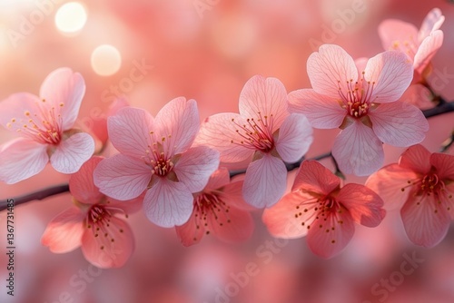 Obraz na płótnie delicate cherry blossoms arranged in soft focus with dreamy bokeh effects bathed in gentle pink and coral gradient lighting w salonie