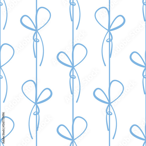 МSeamless pattern with cartoon doodle bow knots, gift ribbons. Trendy hair braiding accessory. Hand drawn vector illustration. Minimalist tattoo sketch, coquette core