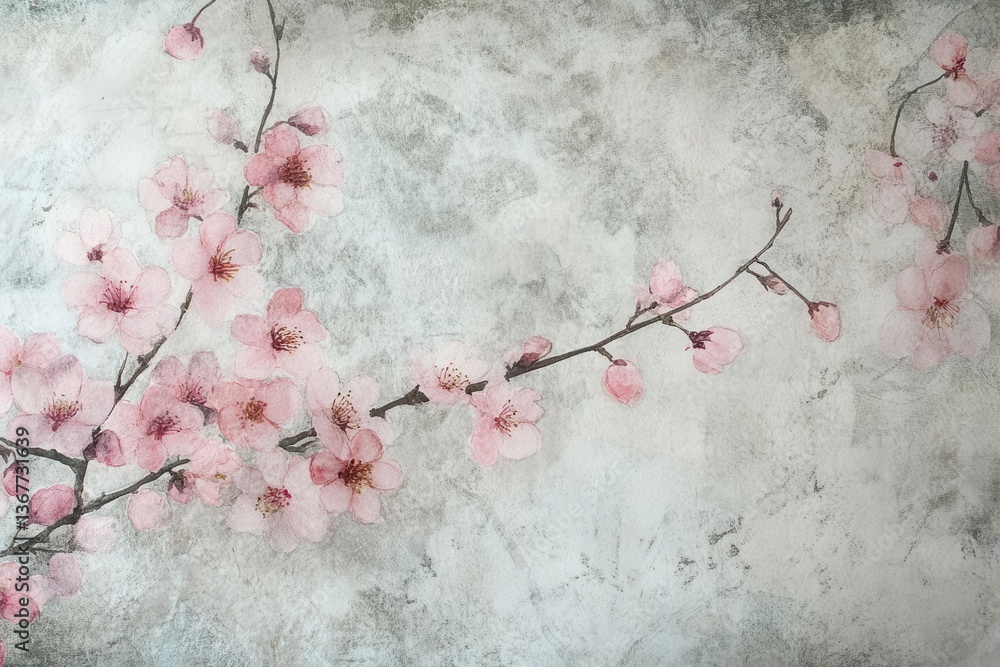 delicate cherry blossoms painted in traditional japanese sumie style soft pink and gray washes on textured rice paper