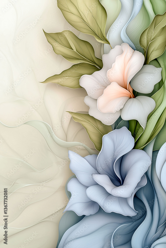 Obraz premium Floral Symphony: Gentle pastel hues and flowing forms characterize a delicate and artistic floral arrangement, featuring detailed blossoms and elegant leaves.