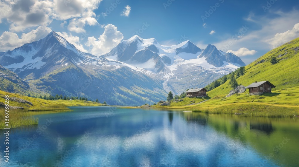 Fototapeta premium A serene alpine landscape with rolling green hills, a tranquil lake reflecting snow-capped mountains