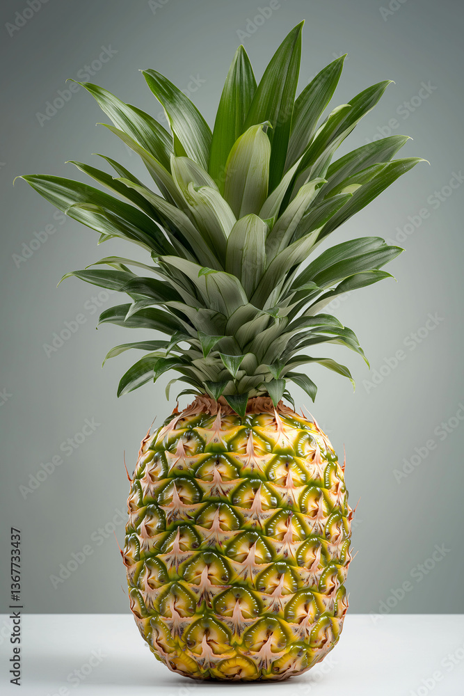 A Close-Up of Ripe Pineapple: A single, ripe pineapple stands proudly in a studio shot, showcasing its textured exterior and verdant crown of leaves. A Close-Up of Ripe Pineapple: A single, ripe pineapple stands proudly in a studio shot, showcasing its textured exterior and verdant crown of leaves.
