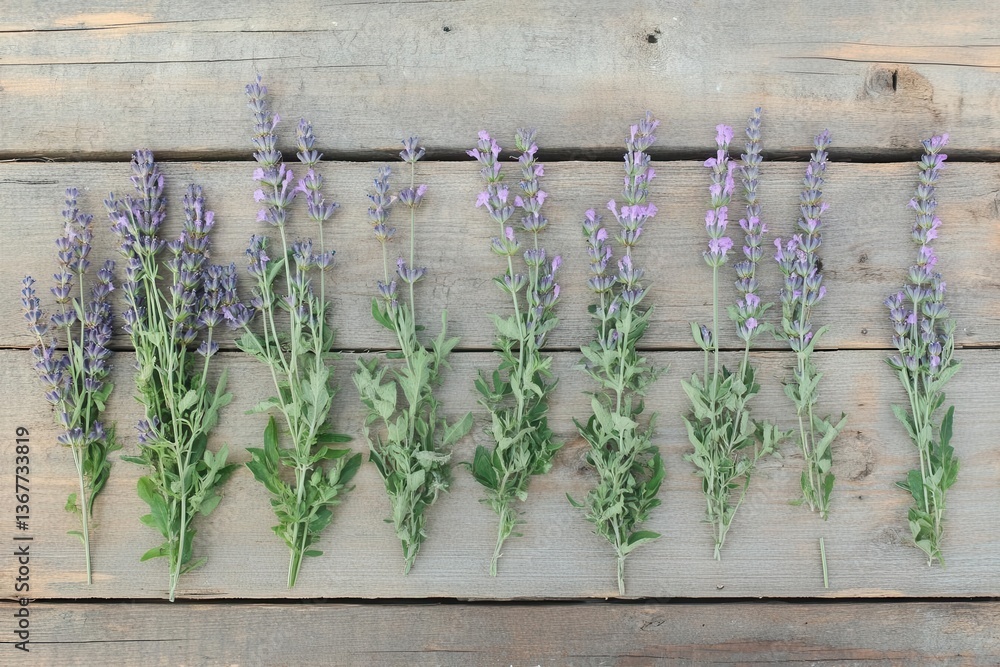 delicate lavender sprigs arranged on weathered wood planks soft natural lighting rustic farmhouse style composition