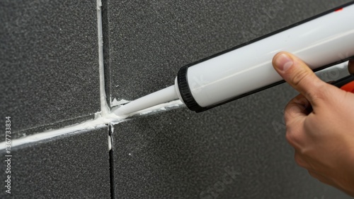 Applying white sealant with a caulk gun on gray tiles in close-up.
