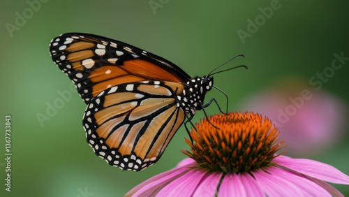 Macro photo of a Monarch butterfly on a purple Echinacea flower.