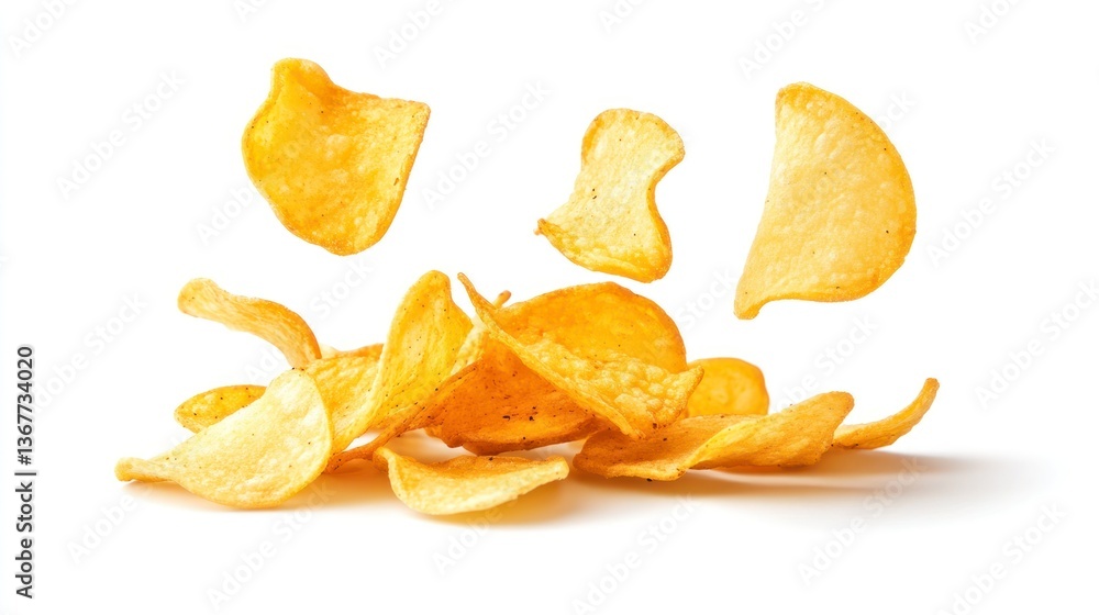 Fototapeta premium Pile of Crispy Potato Chips Falling on White Background Still Life
