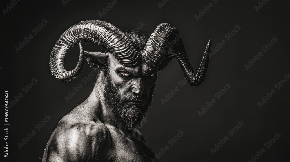 Fototapeta premium The Majestic Minotaur: A Black and White Portrait of Mythological Power
