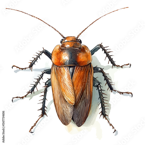 A watercolor painting of a cockroach, isolated on a white background. Cockroach vector.

