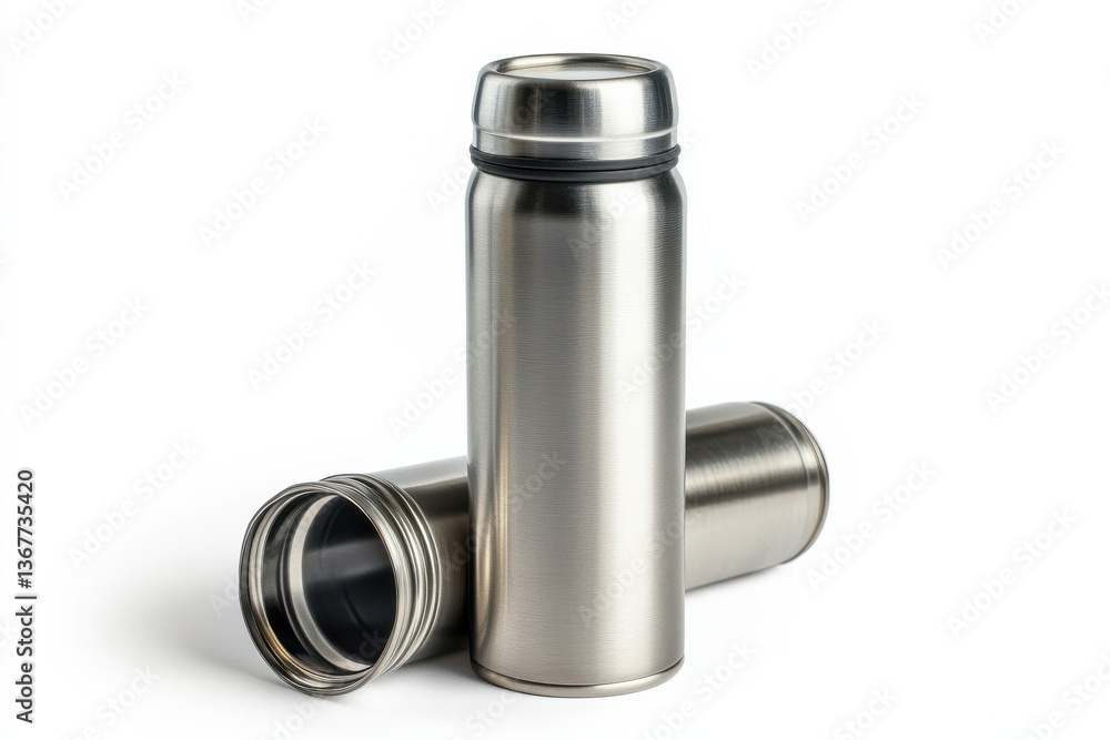 Stylish stainless steel thermos, great for outdoor adventures and travel isolated on transparent background Stylish stainless steel thermos, great for outdoor adventures and travel isolated on transparent background