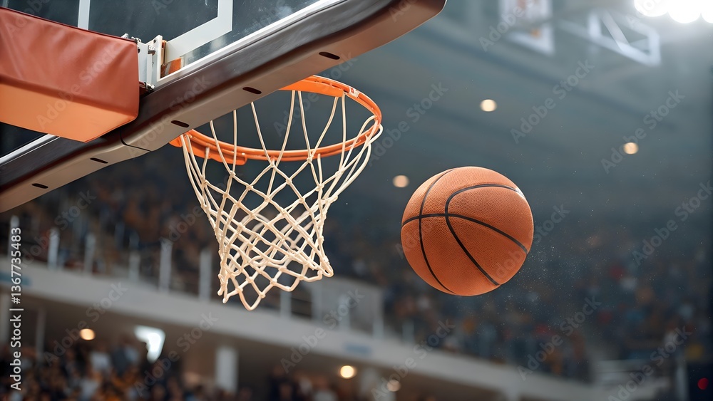 High-speed moment of a basketball near the rim during a game, illustrating the anticipation of scoring points in a professional sports setting High-speed moment of a basketball near the rim during a game, illustrating the anticipation of scoring points in a professional sports setting
